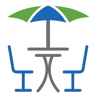drawing of two seats under an umbrella with a table in the middle